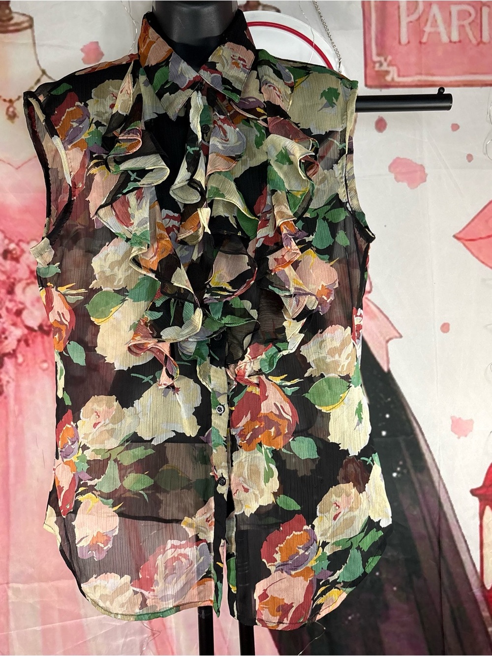 Ralph Lauren Black Floral Print Blouse with Green Label Sz L - Picture 2 of 10